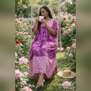 Bohemian Pink Floral Maxi Dress House Dress Lounger